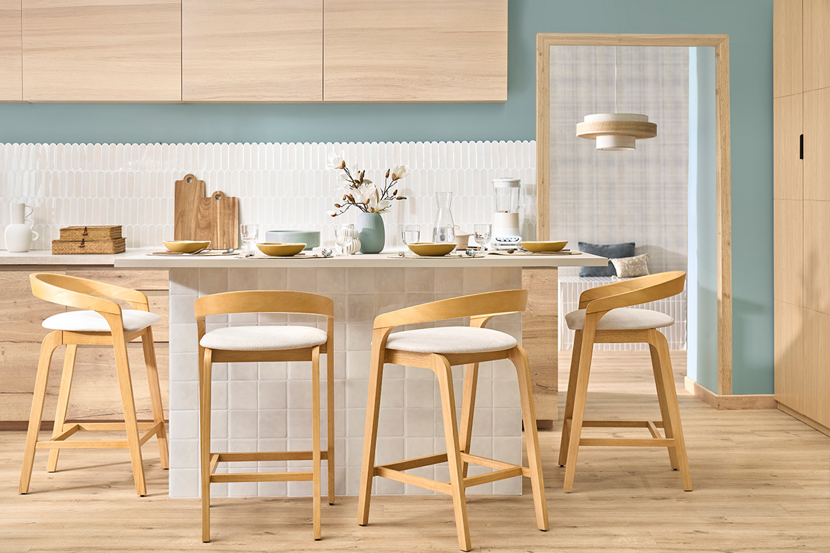 Taburetes de bar de tela efecto terciopelo texturizado beige y madera clara H68 cm (lote de 2) PULSO