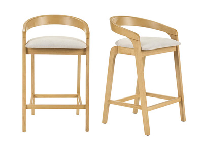 Taburetes de bar de tela efecto terciopelo texturizado beige y madera clara H68 cm (lote de 2) PULSO