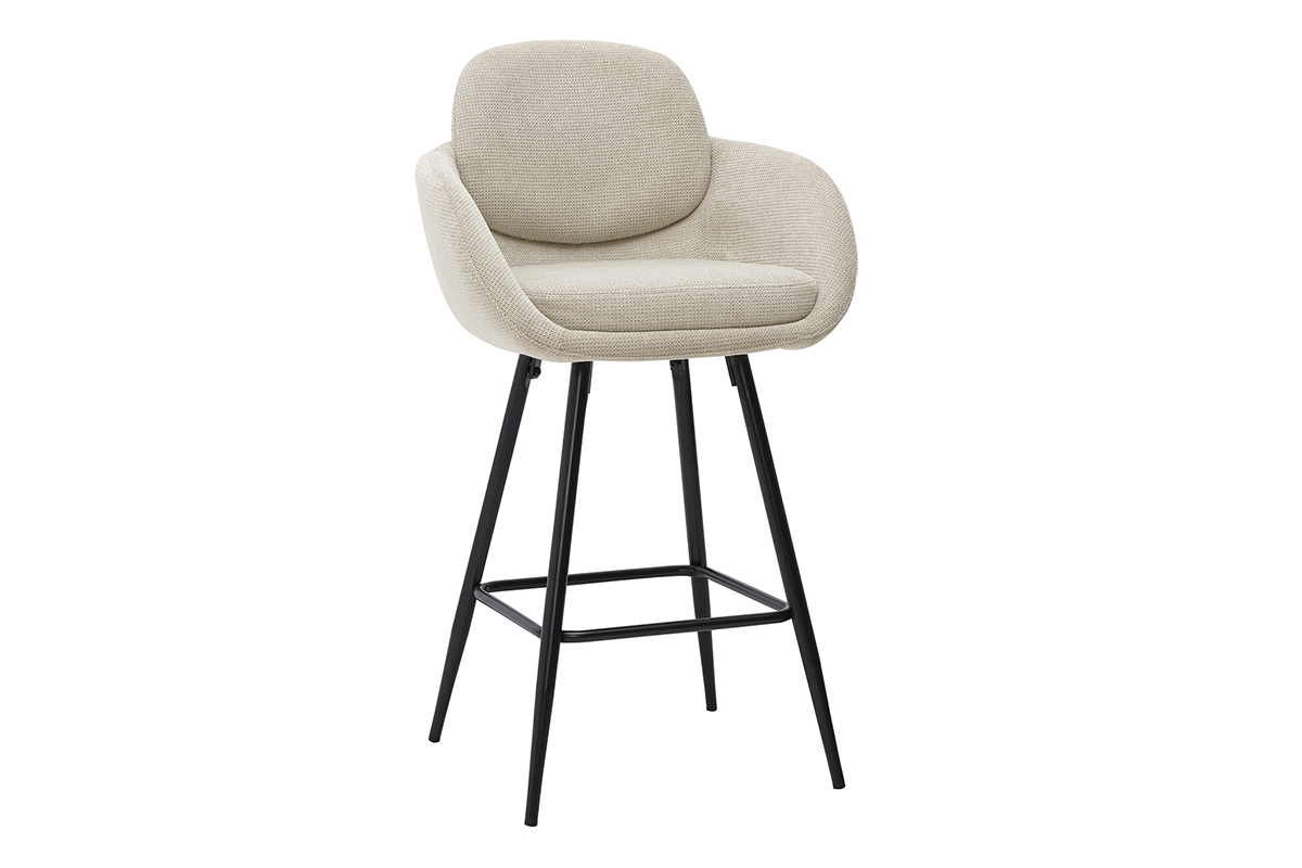 Taburete de bar beige de tela de terciopelo texturizado con patas de metal negro, �ngulo de 3/4