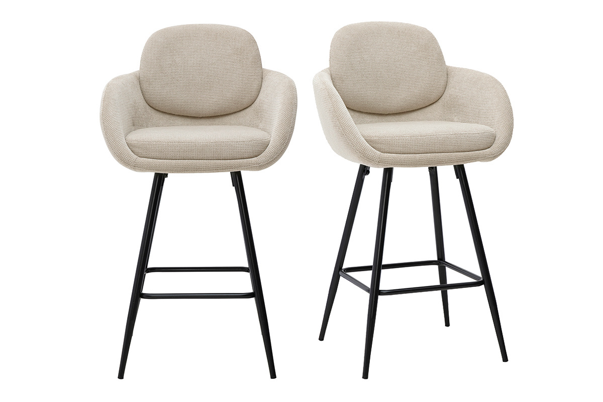 Juego de 2 taburetes de bar de tela beige con efecto terciopelo y metal negro, vista de frente