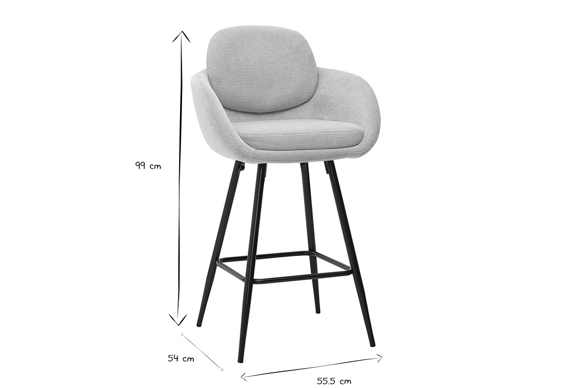 Dimensiones taburetes de bar de tela beige y metal negro: altura 99 cm, ancho 54 cm, profundidad 55,5 cm, negro y blanco.