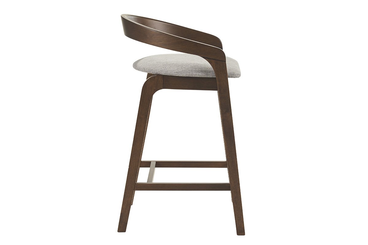 Taburete de bar gris con respaldo de madera oscura, vista lateral.