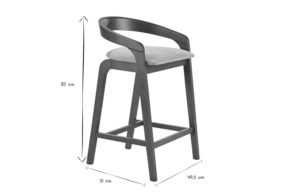 Dimensiones de un taburete PULSO en negro y blanco, altura 85 cm, ancho 51 cm, profundidad 49,5 cm.