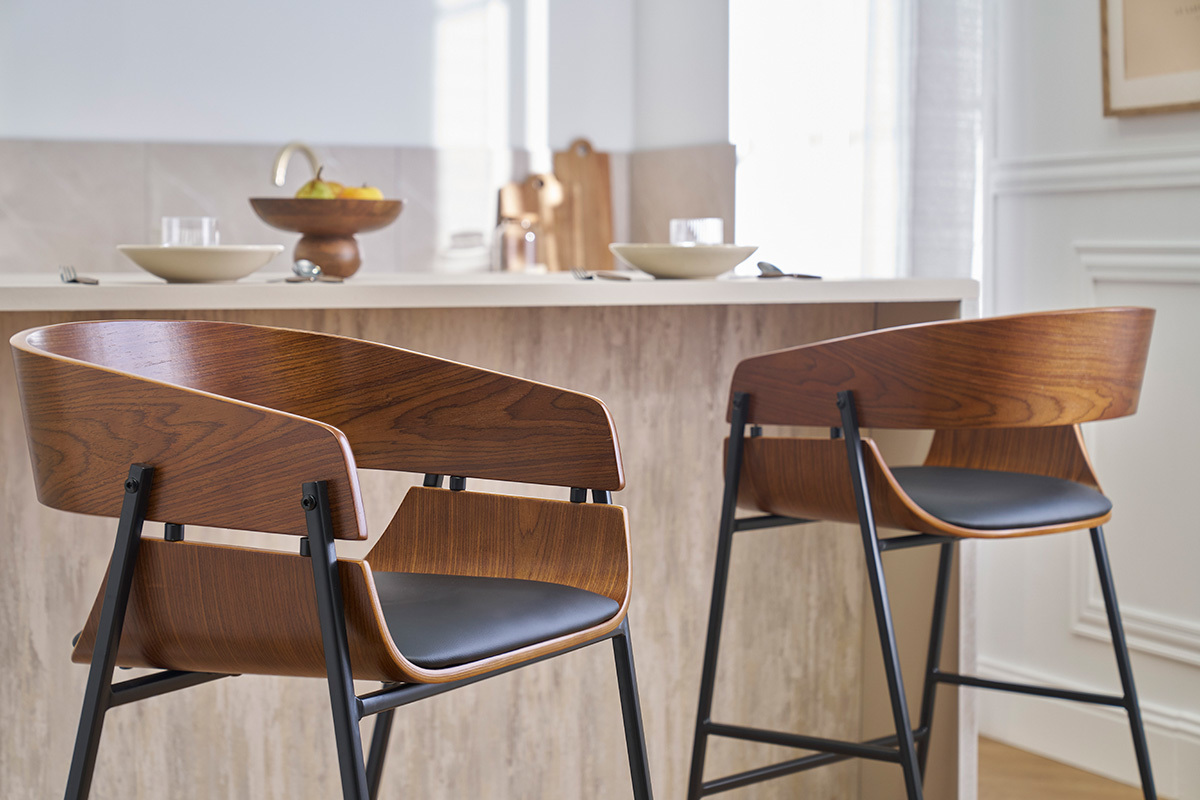 Taburetes de bar diseo madera oscura y metal negro (lote de 2) WESS