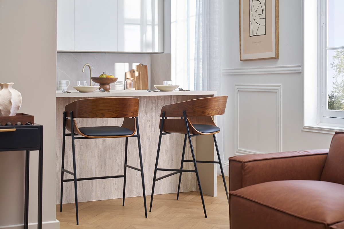 Taburetes de bar diseo madera oscura y metal negro (lote de 2) WESS