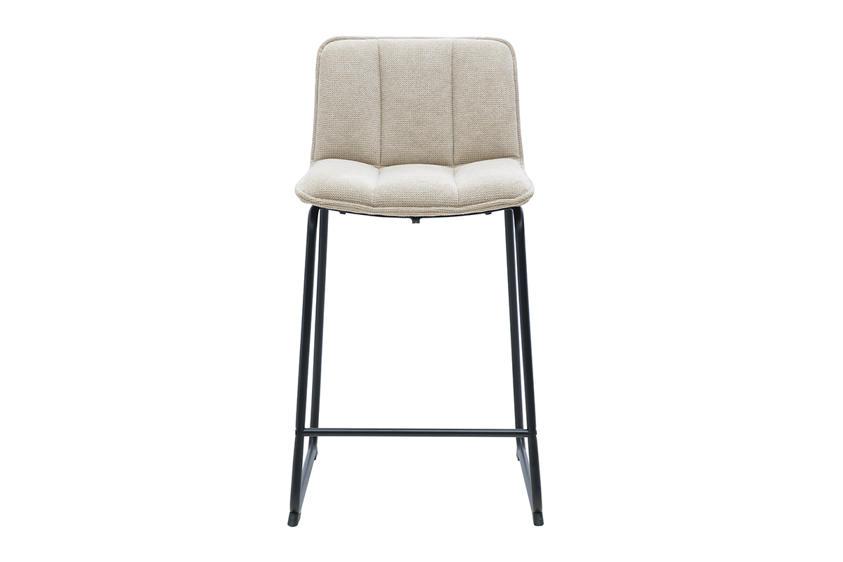 Taburete de bar de tejido chenilla beige con base de metal negro, vista frontal.