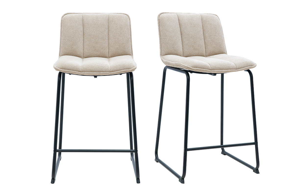 Taburetes de bar en tejido de chenilla beige y metal negro, vista frontal, lote de 2, altura H65.6 cm.