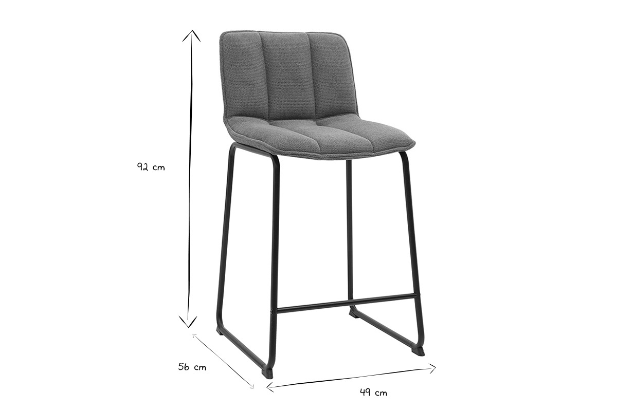 Dimensiones de los taburetes de bar en negro y blanco: H92 cm, L49 cm, P56 cm, altura de asiento 65,6 cm.