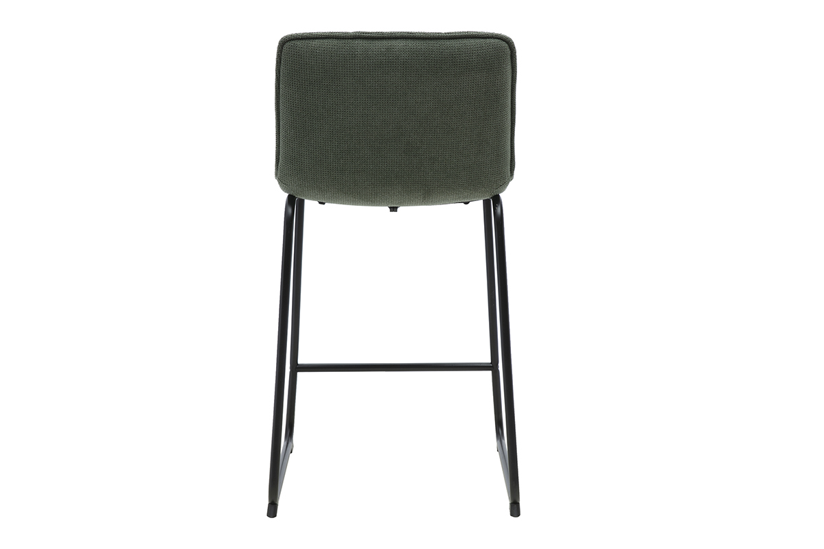 Taburete de bar verde caqui en tejido con base de metal negro, vista trasera.