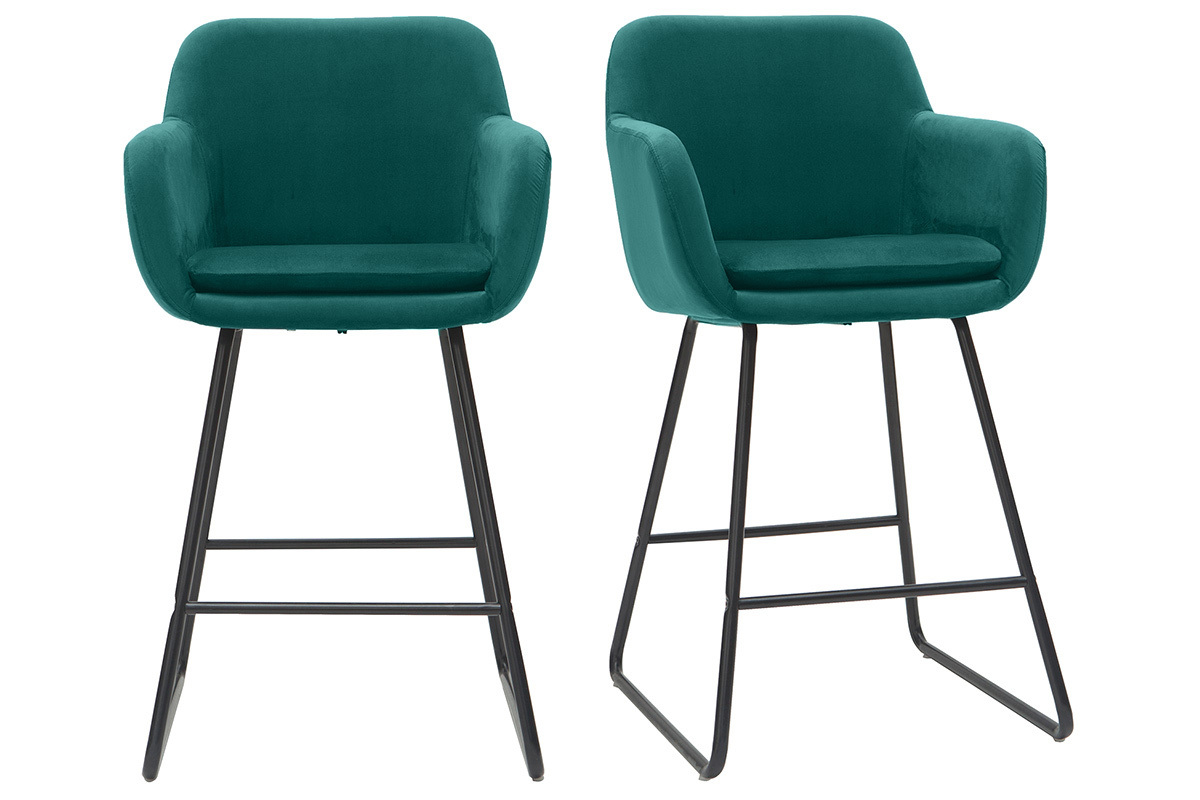 Taburetes de bar en tejido efecto terciopelo azul petrleo A65 cm (lote de 2) AMIKA