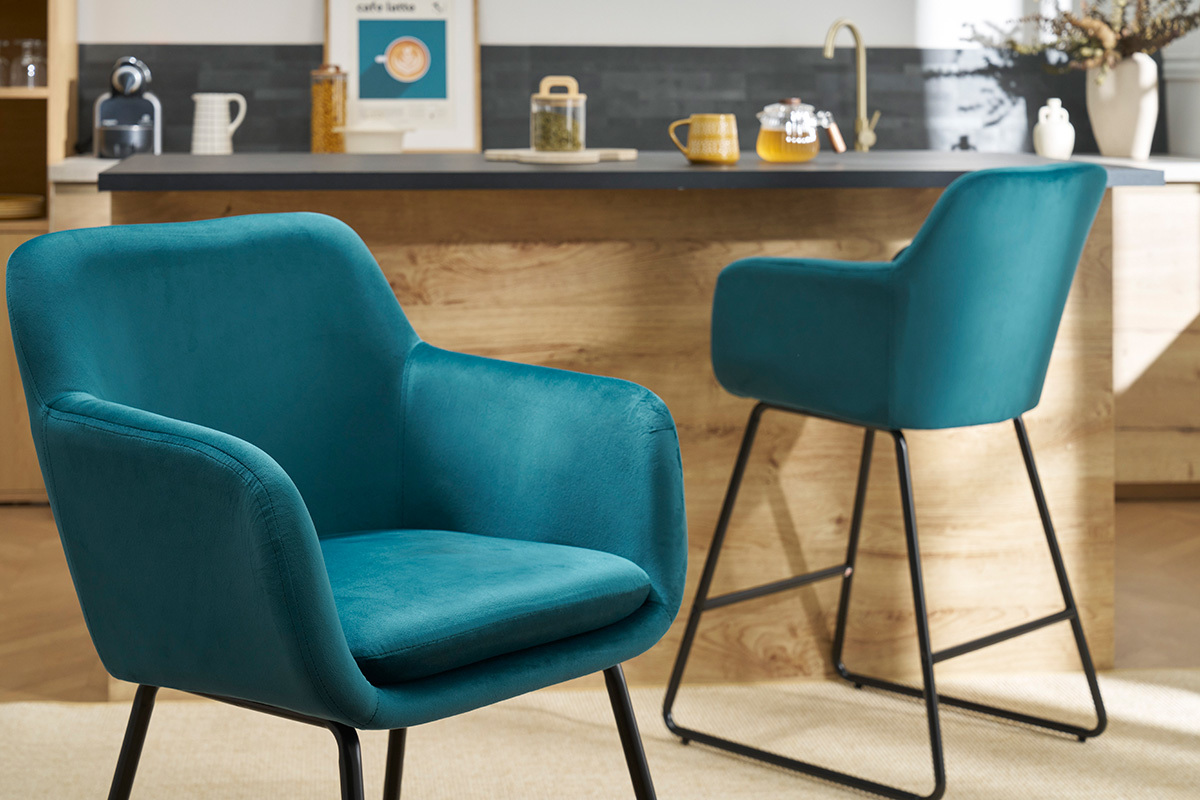 Taburetes de bar en tejido efecto terciopelo azul petrleo A65 cm (lote de 2) AMIKA