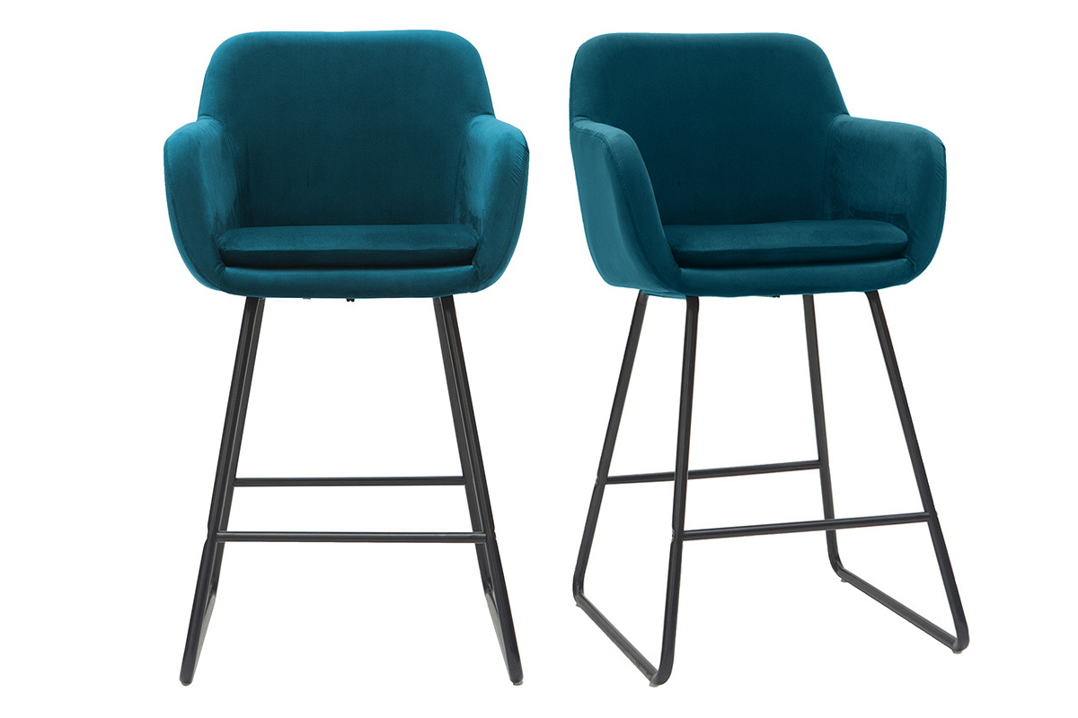 Taburetes de bar en tejido efecto terciopelo azul petrleo A65 cm (lote de 2) AMIKA