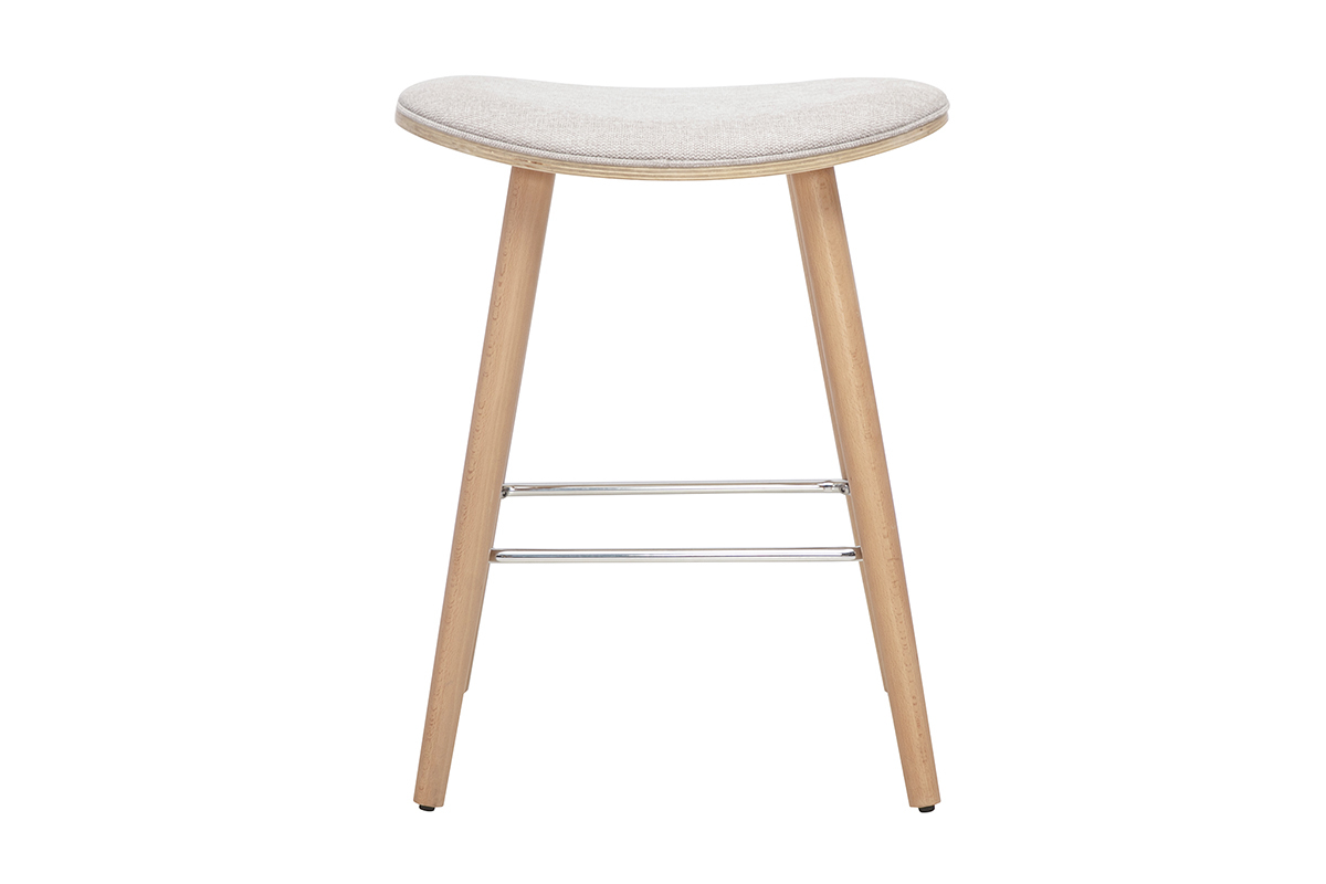 Taburete de bar en tejido beige y madera clara, vista frontal.