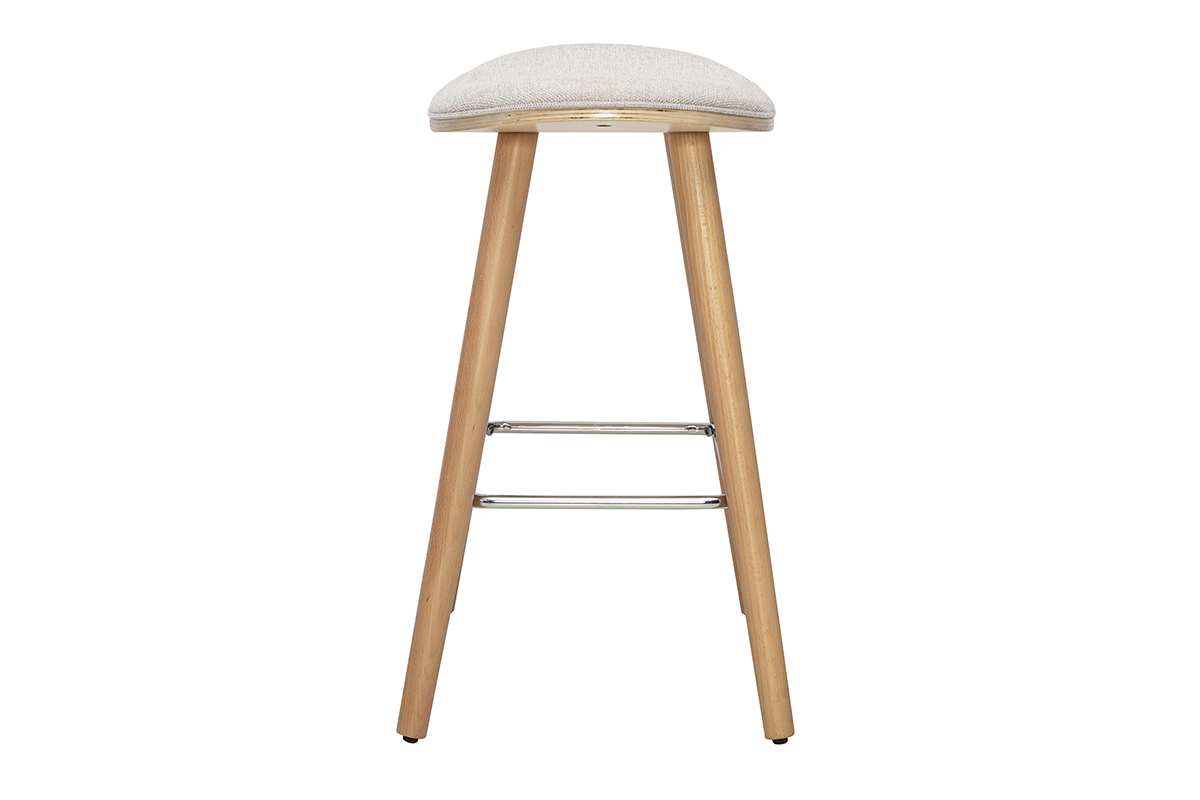 Taburete de bar de tela beige y madera clara, vista de perfil, altura 65 cm.