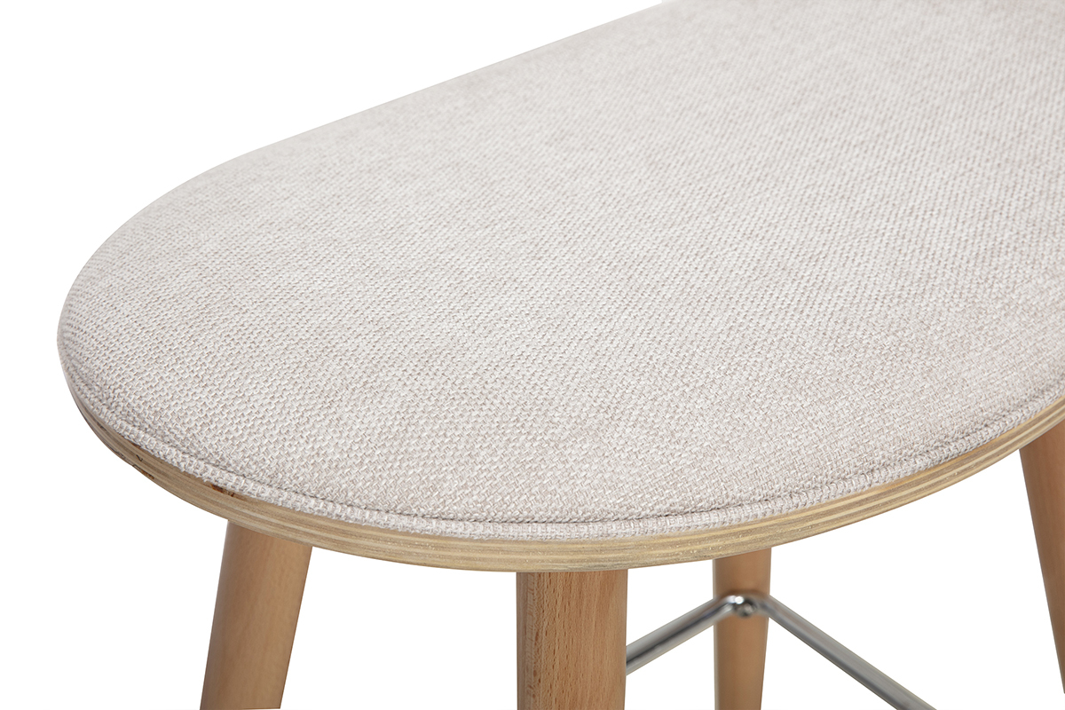 Taburete de bar de tela beige con efecto terciopelo y madera clara, vista desde arriba.