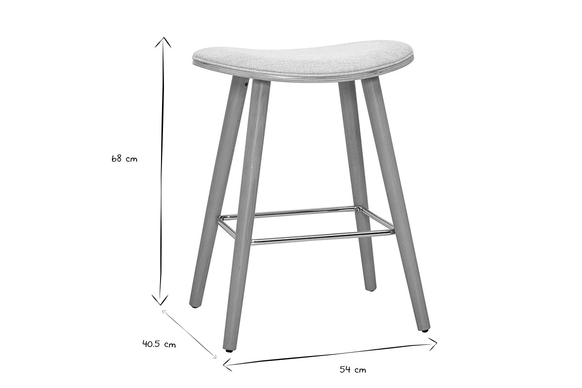 Dimensiones de un taburete de bar: altura 68 cm, profundidad 40,5 cm, anchura 54 cm, vista lateral.