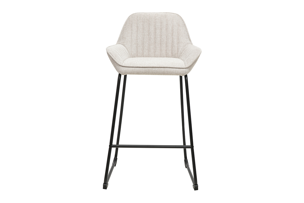 Taburete de bar de tela con efecto terciopelo beige y metal negro, vista frontal, H68 cm.