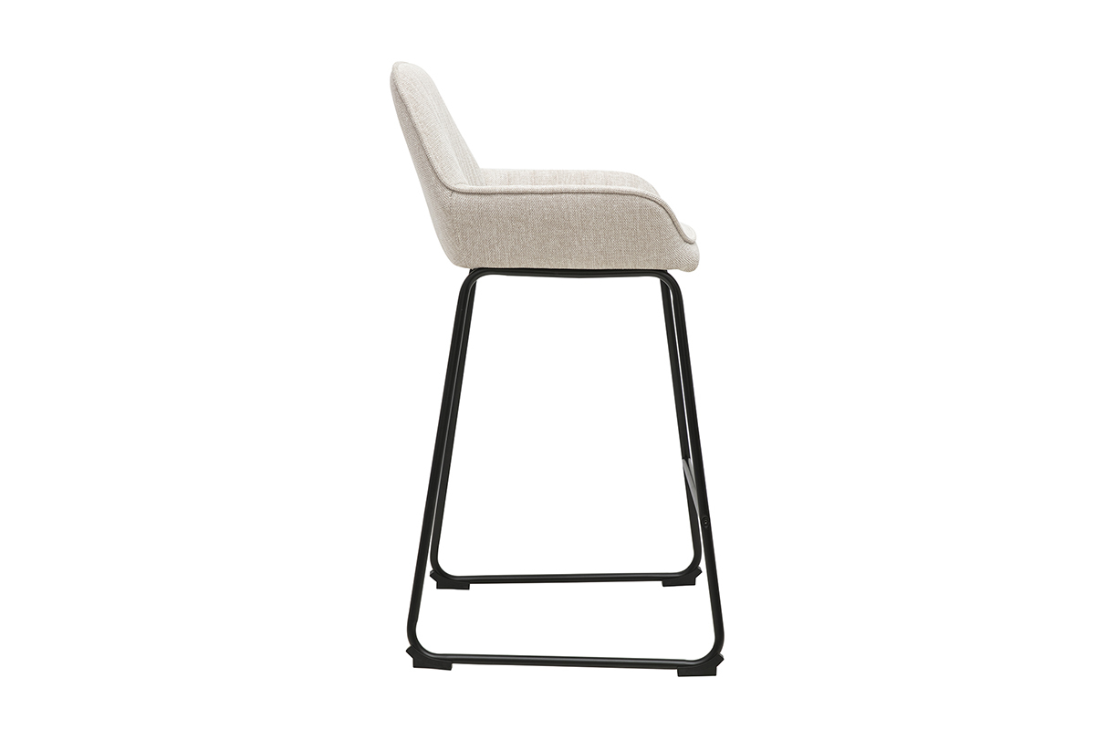Taburete de bar de tela con efecto terciopelo beige y metal negro, vista de perfil, altura 68 cm.