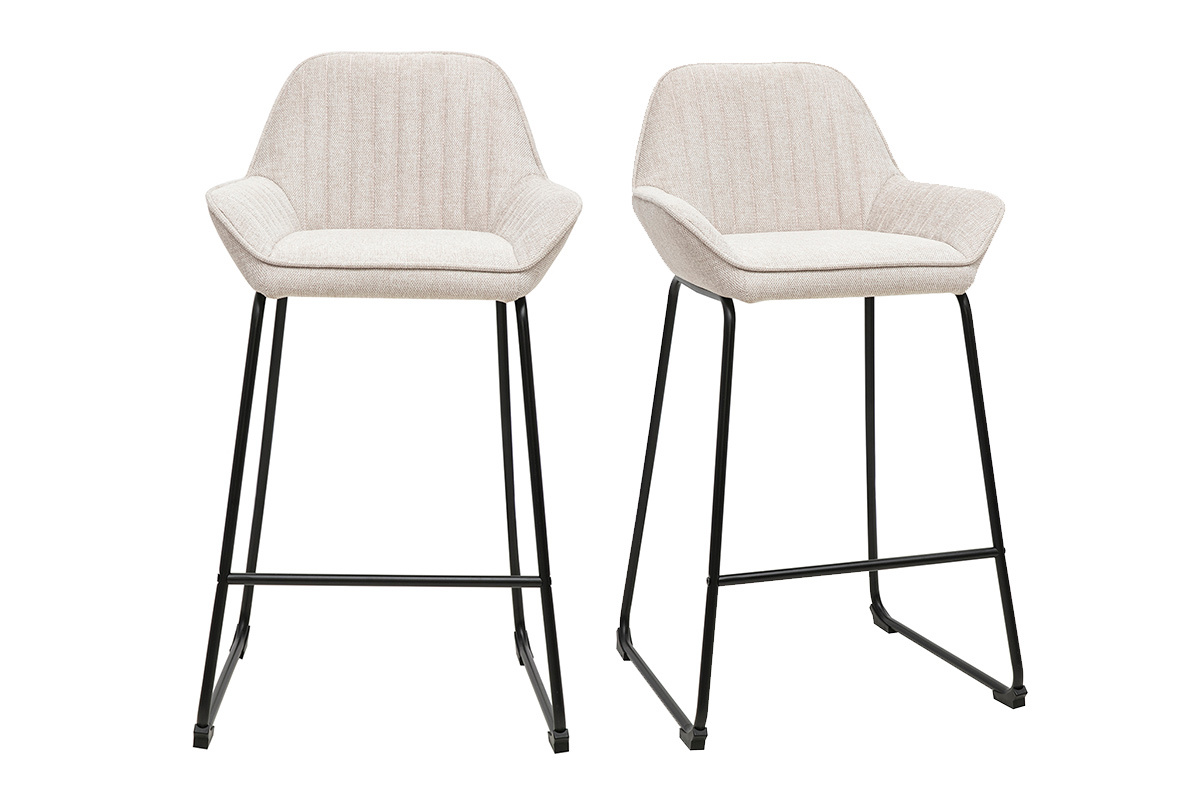 Taburetes de bar RONNIE en tejido beige y metal negro, vista frontal, lote de 2, altura 68 cm