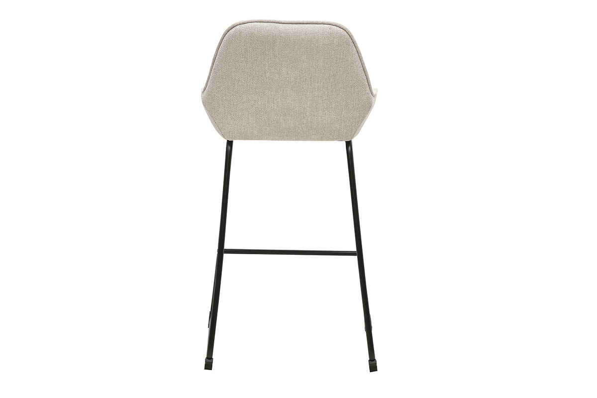Taburete de bar de tela beige con efecto terciopelo, vista trasera, con patas de metal negro.