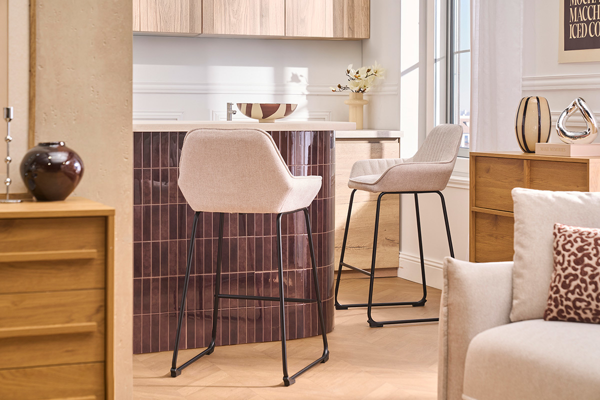 Taburetes de bar en tejido efecto terciopelo texturizado beige y metal negro H68 cm (lote de 2) RONNIE