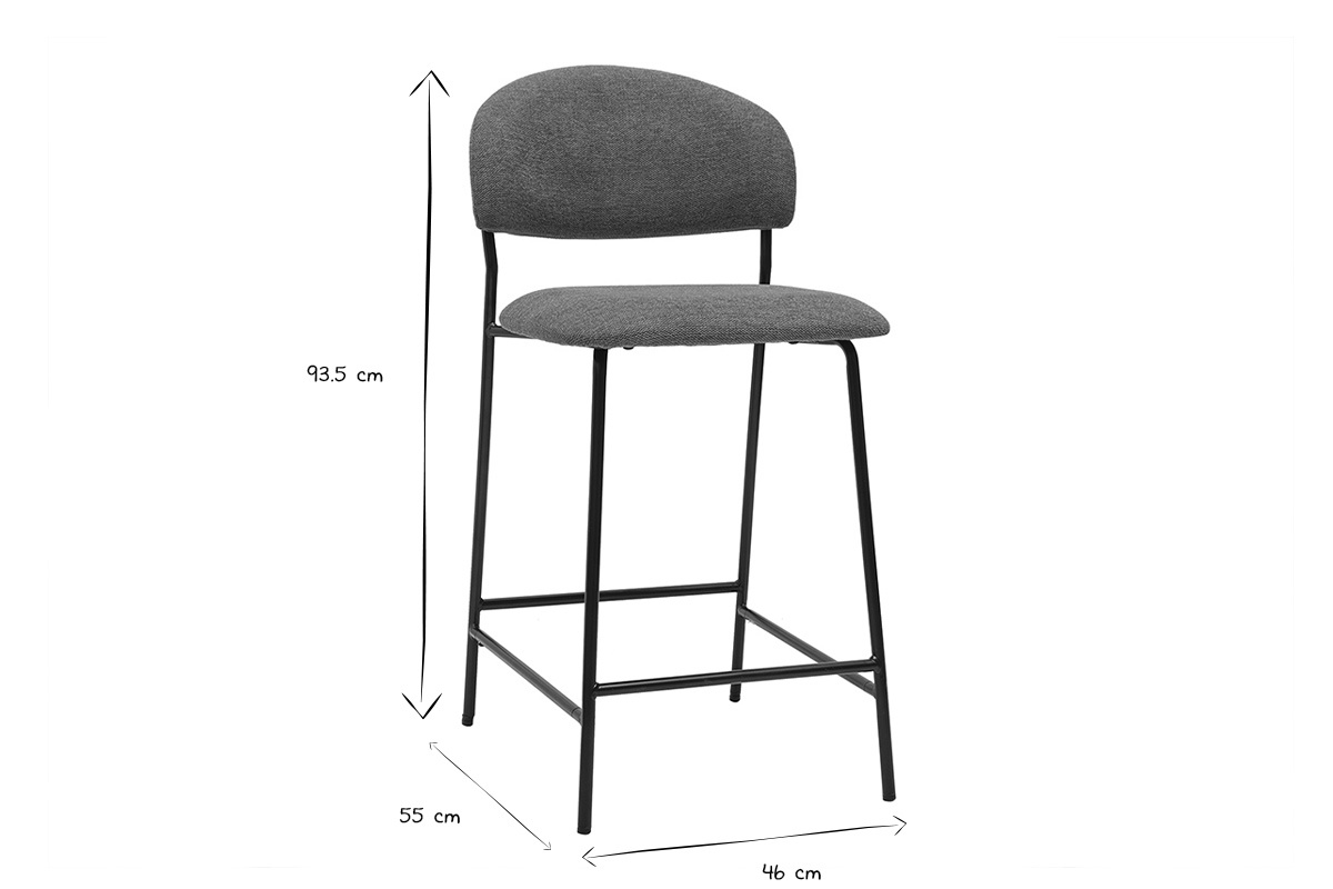 Dimensiones de un taburete de bar, altura 93,5 cm, anchura 46 cm, profundidad 55 cm, en negro y blanco.