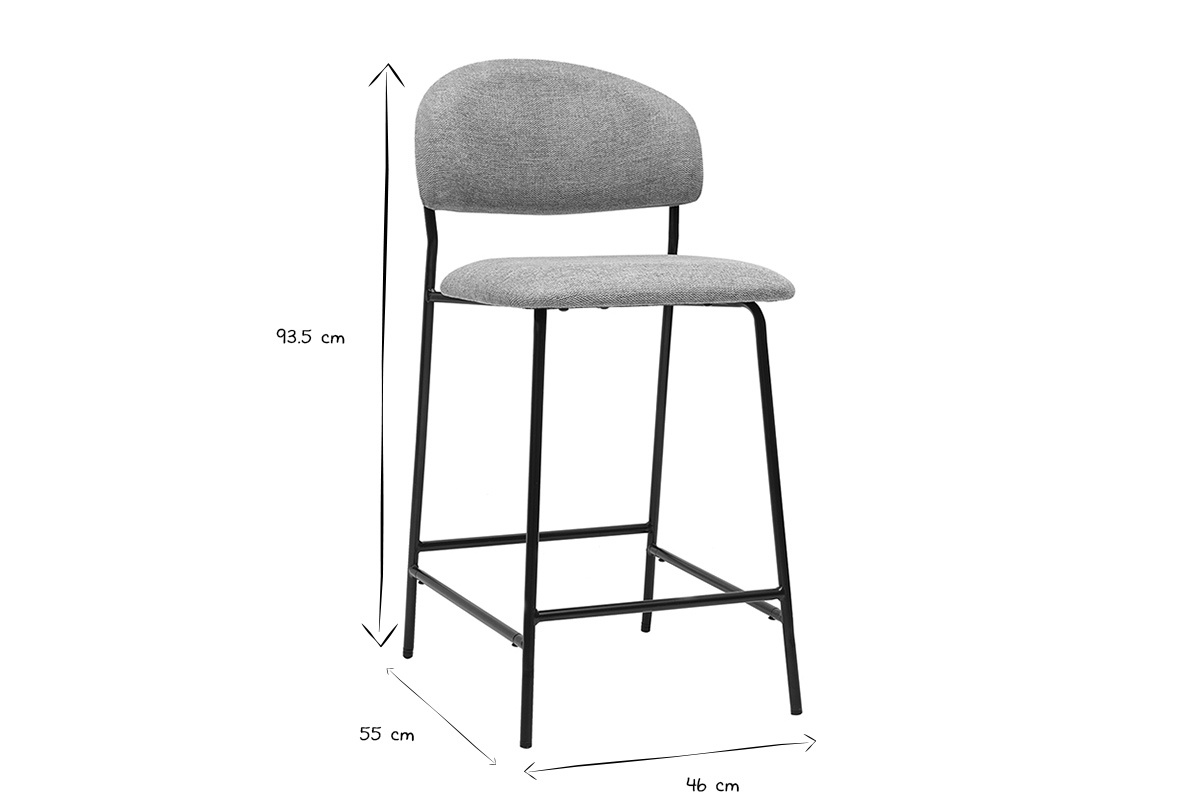 Dimensiones de un taburete de bar en negro y blanco: 93,5 cm de altura, 55 cm de profundidad, 46 cm de ancho.