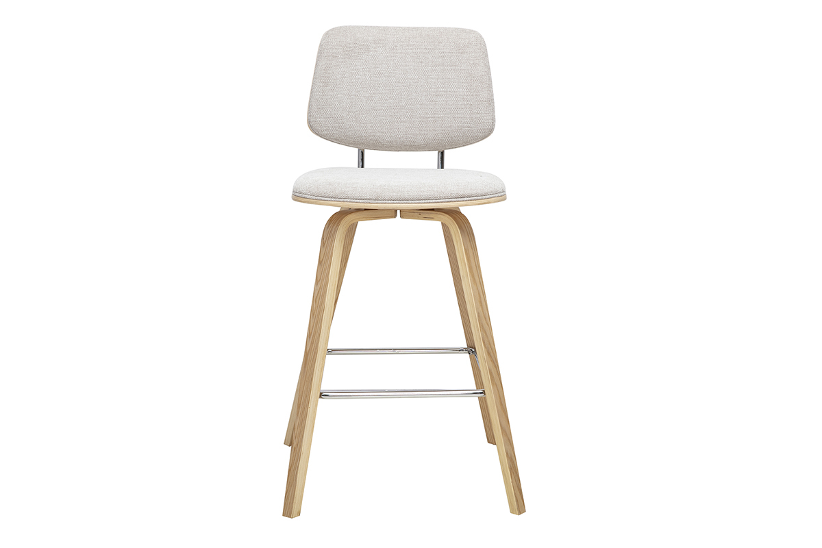 Taburete de bar beige de tejido con efecto terciopelo, vista frontal con patas de madera clara.