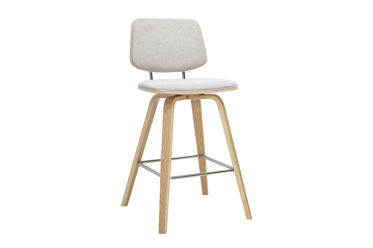Taburete de bar de tela beige con patas de madera clara, vista de 3/4.