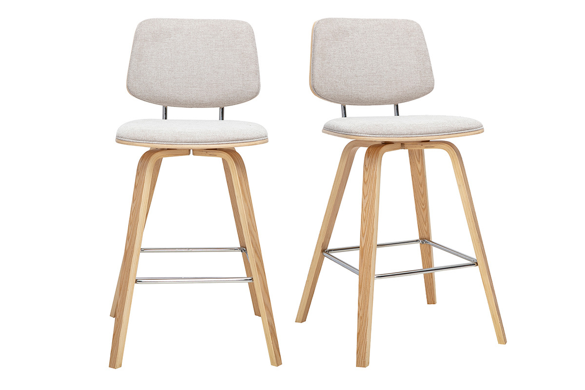 Lote de 2 taburetes de bar de tela efecto terciopelo beige y madera clara, H66 cm, vistos de frente