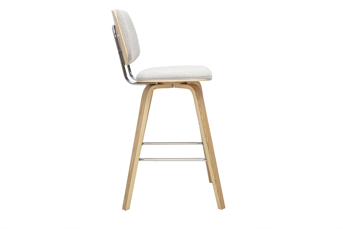 Taburete de bar beige en tejido con efecto terciopelo, vista de perfil, estructura de madera clara.