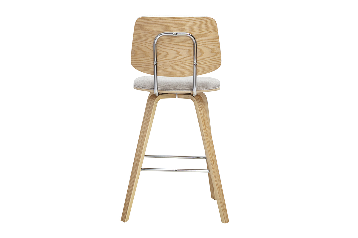 Taburete de bar SEGUR en tejido beige y madera clara, vista trasera.