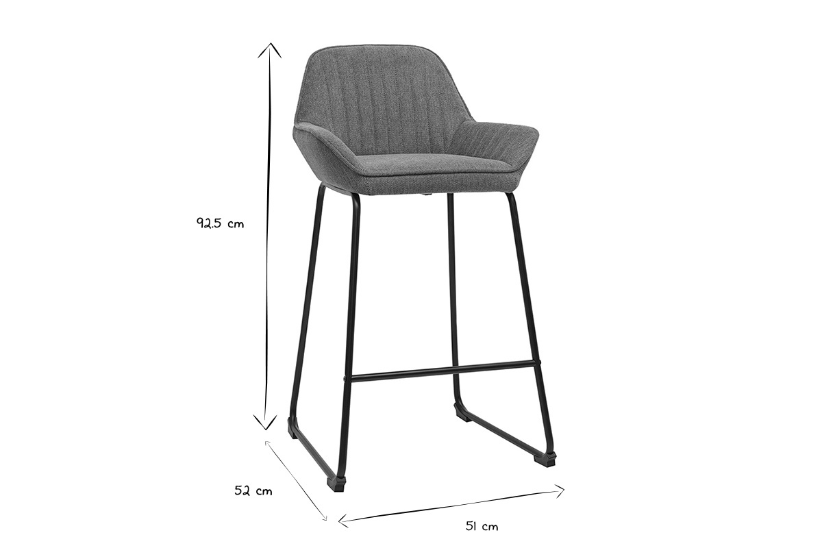 Taburete de bar RONNIE con dimensiones en blanco y negro: H92.5 cm, L51 cm, P52 cm.