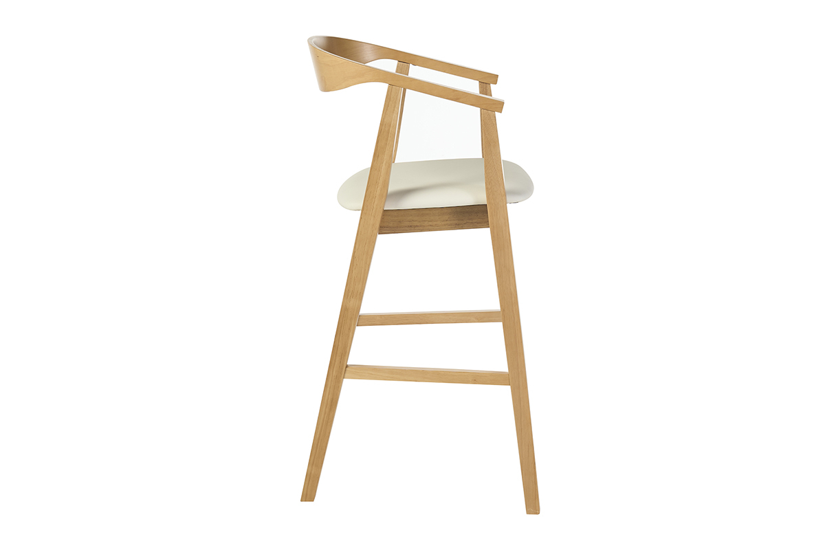 Taburete de bar escandinavo blanco y madera clara, vista de perfil con reposabrazos.