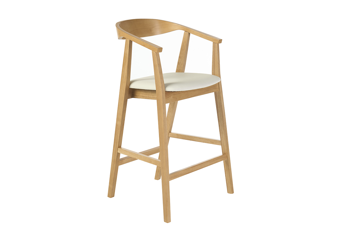 Taburete de bar escandinavo blanco y madera clara, vista de 3/4, altura H66,5 cm.