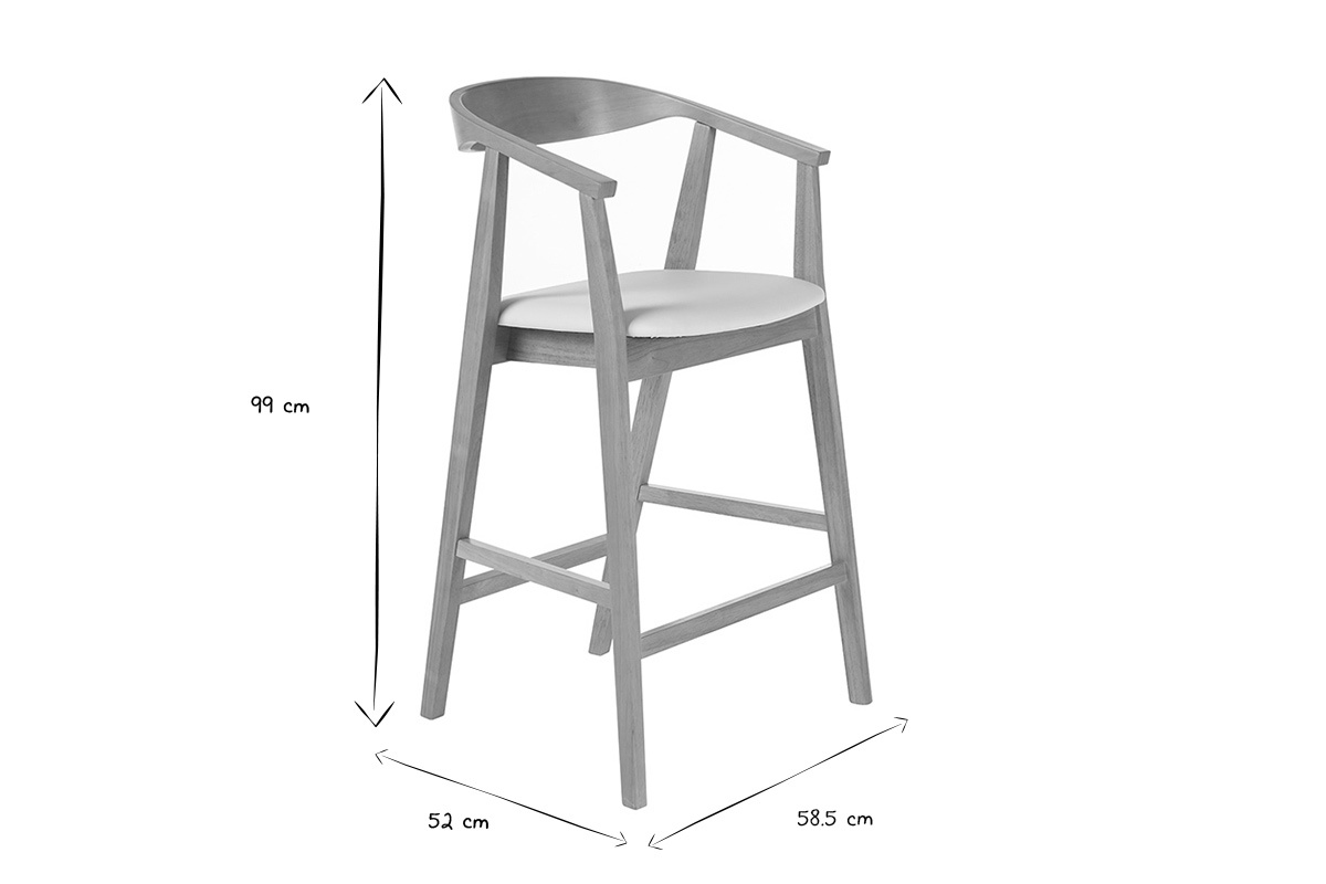 Dimensiones de los taburetes de bar escandinavos BAHIA en blanco y negro, H99 cm, L58,5 cm, P52 cm.