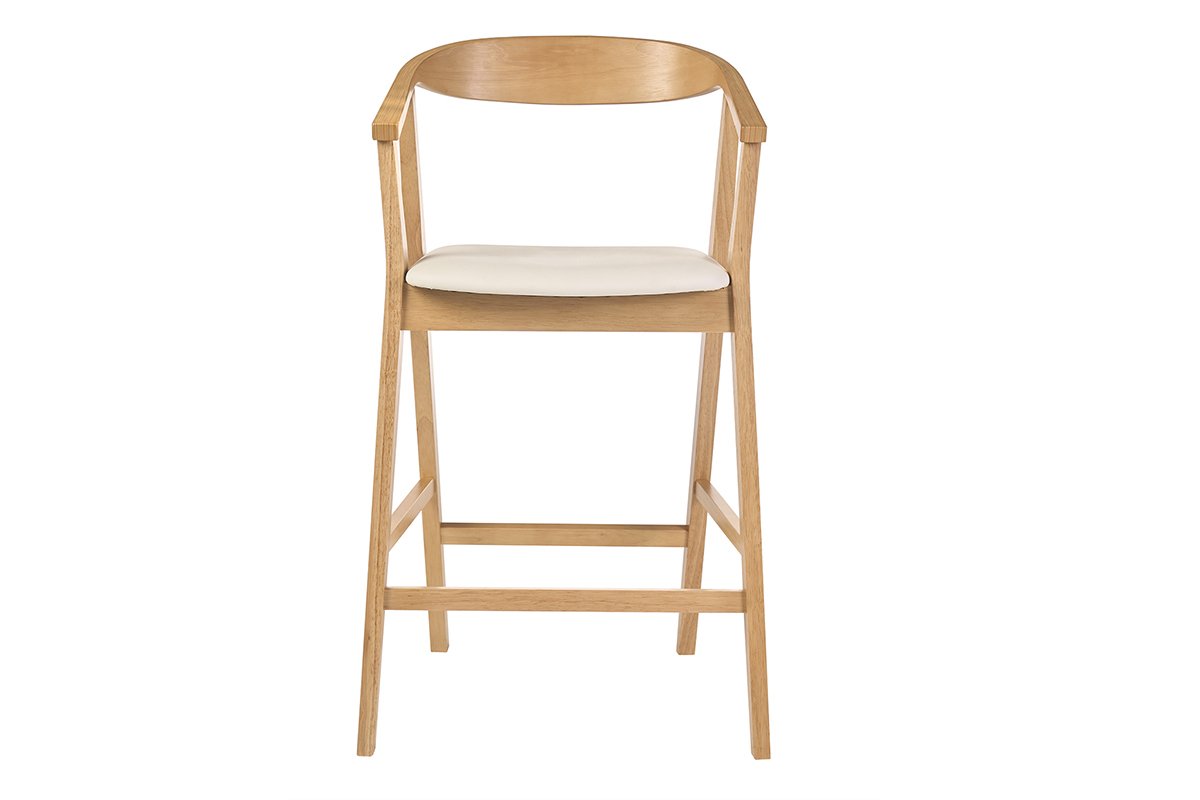 Taburete de bar escandinavo blanco y madera clara, vista frontal, H66,5 cm.