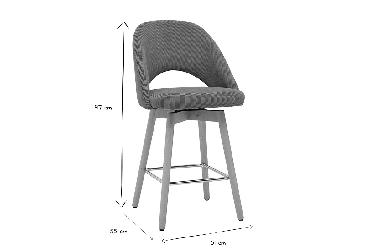 Dimensiones de una silla de bar en negro y blanco: 97 cm de alto, 55 cm de profundidad, 51 cm de ancho.