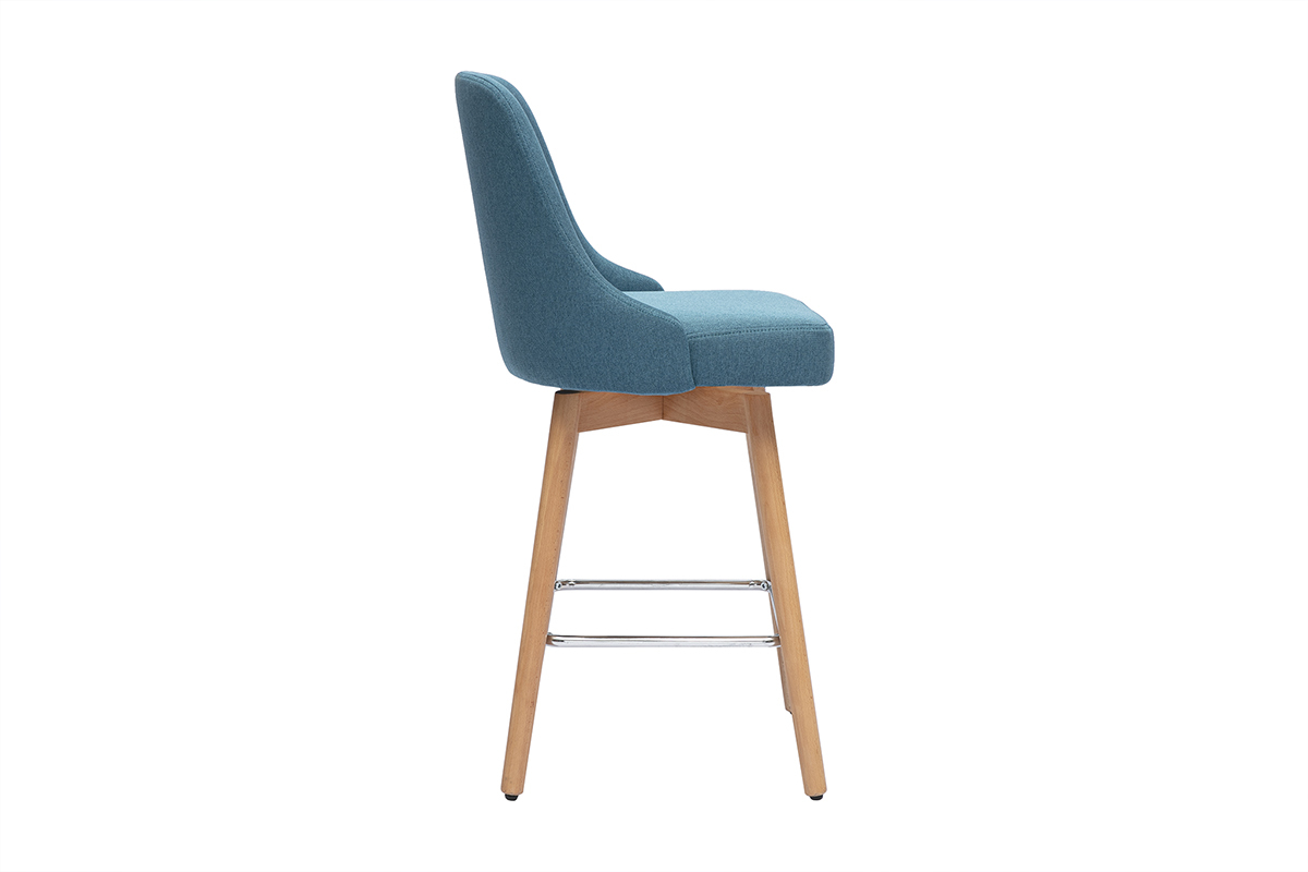 Taburetes de bar escandinavos giratorios 360 en tela azul pato y madera de haya maciza H65 cm (juego de 2) HASTA