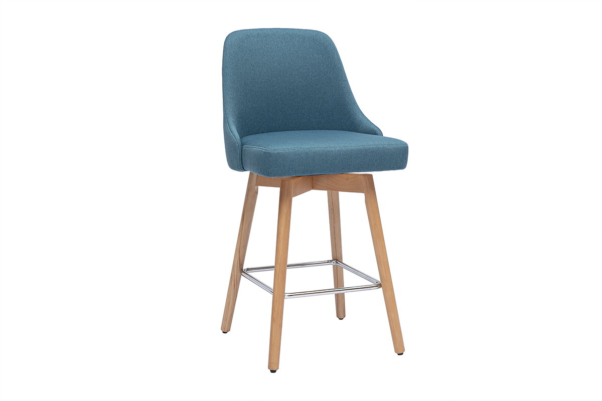 Taburetes de bar escandinavos giratorios 360 en tela azul pato y madera de haya maciza H65 cm (juego de 2) HASTA