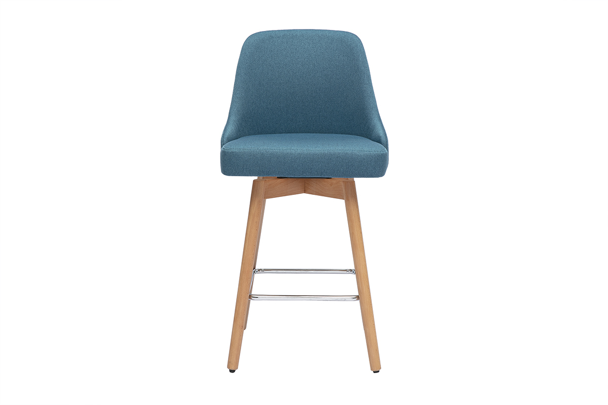 Taburetes de bar escandinavos giratorios 360 en tela azul pato y madera de haya maciza H65 cm (juego de 2) HASTA