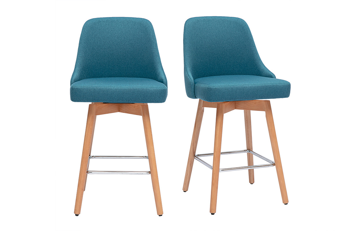 Taburetes de bar escandinavos giratorios 360 en tela azul pato y madera de haya maciza H65 cm (juego de 2) HASTA