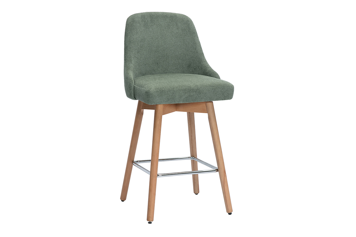 Taburetes de bar escandinavos giratorios 360 en tela efecto terciopelo texturizado verde caqui y madera de haya slida H65 cm (conjunto de 2) HASTA