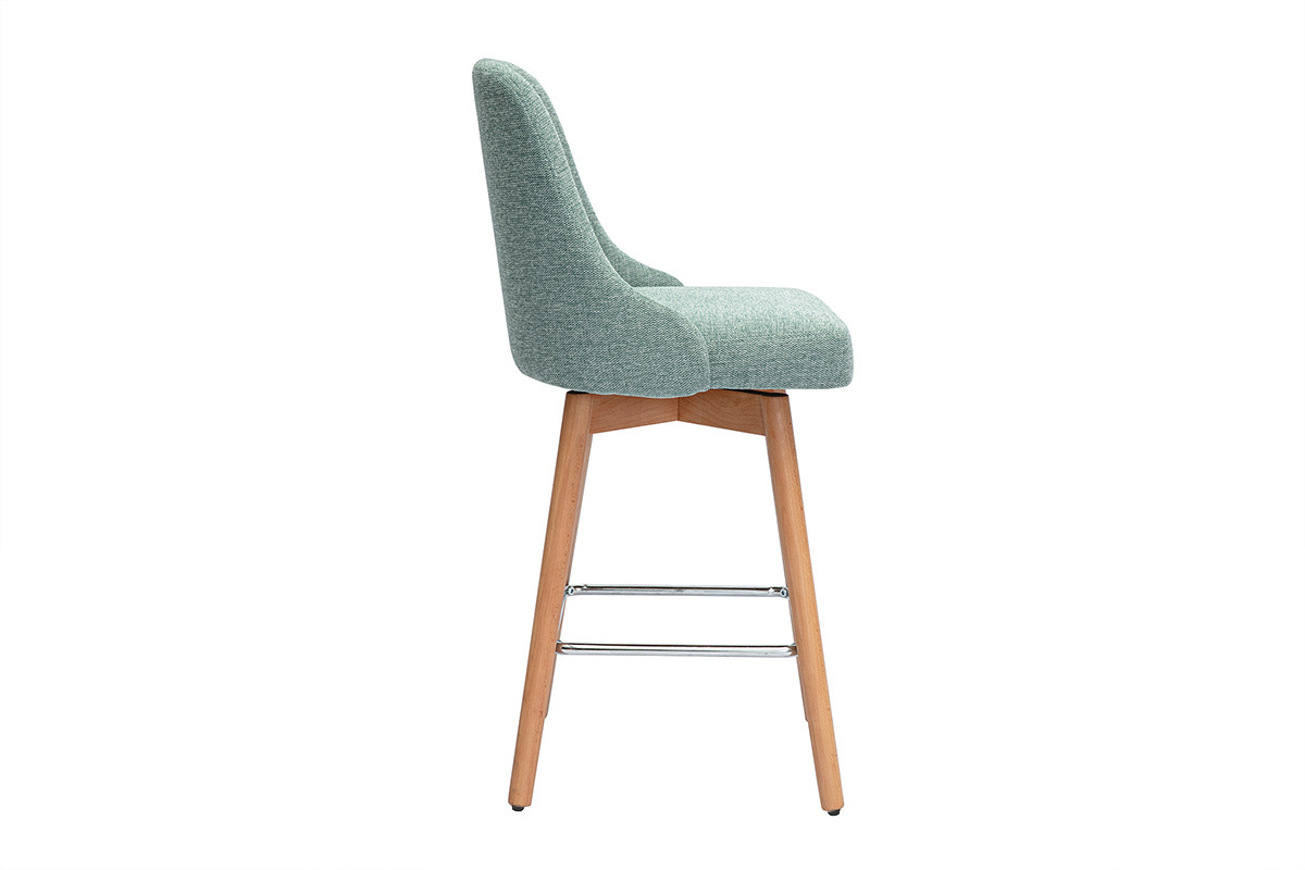 Taburetes de bar escandinavos giratorios 360 en tela efecto terciopelo texturizado verde celadn y madera haya maciza H65 cm (pack de 2) HASTA