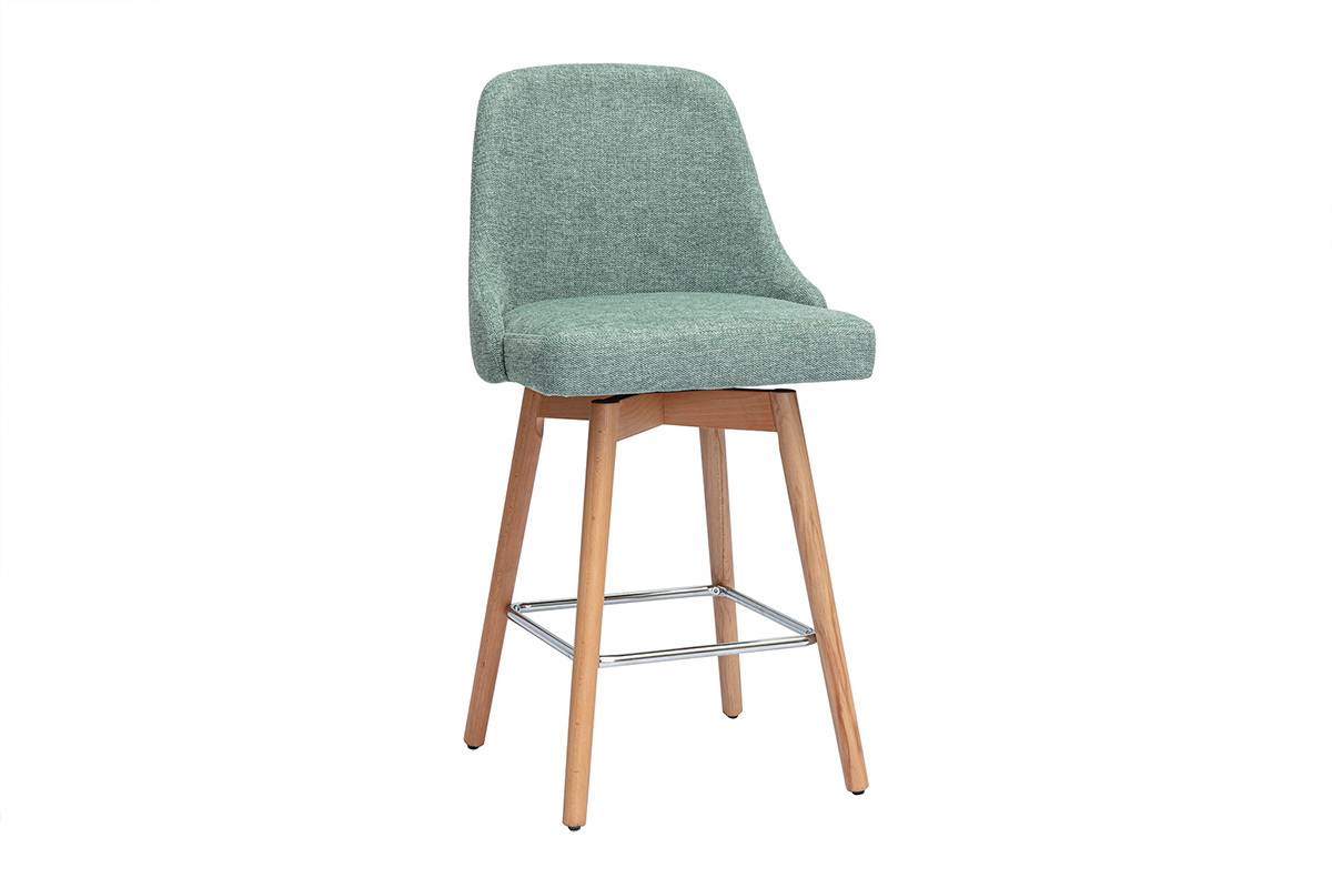 Taburetes de bar escandinavos giratorios 360 en tela efecto terciopelo texturizado verde celadn y madera haya maciza H65 cm (pack de 2) HASTA