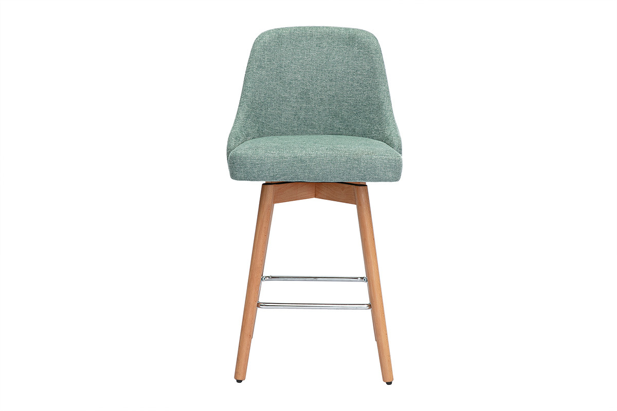 Taburetes de bar escandinavos giratorios 360 en tela efecto terciopelo texturizado verde celadn y madera haya maciza H65 cm (pack de 2) HASTA