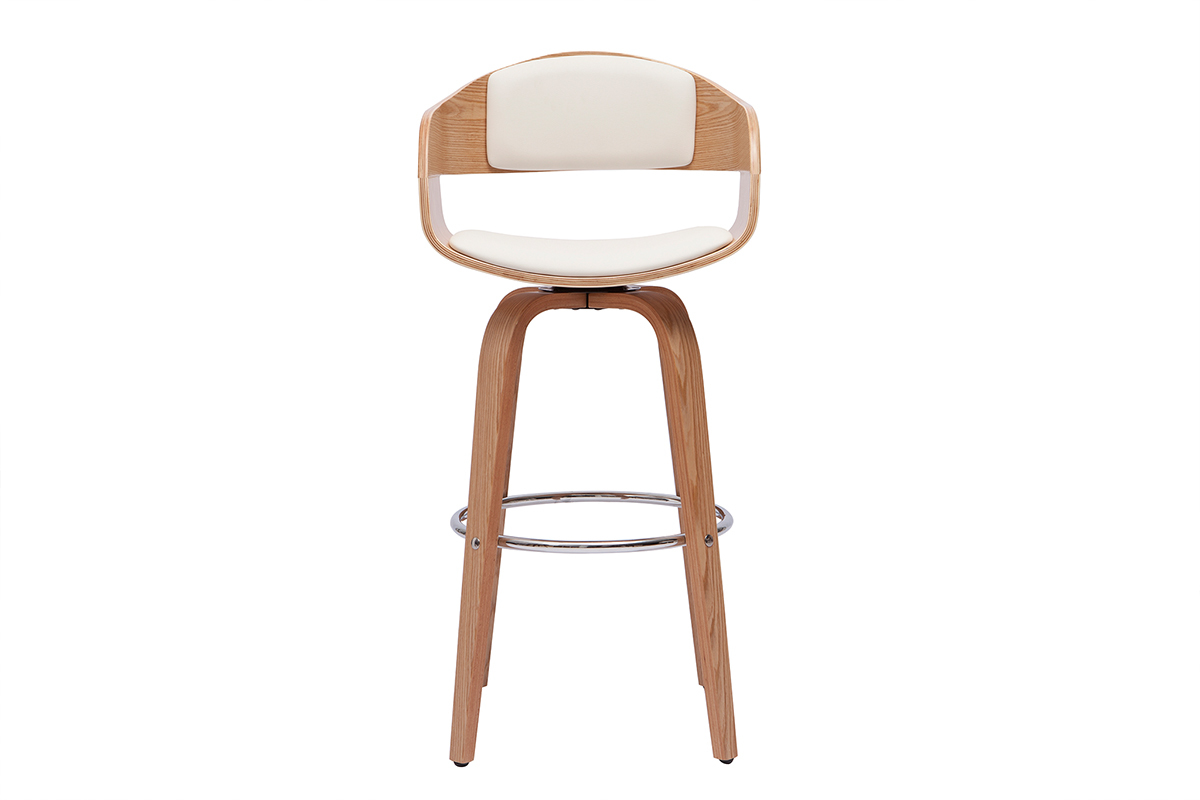 Taburete de bar escandinavo de madera clara con asiento blanco, vista frontal.