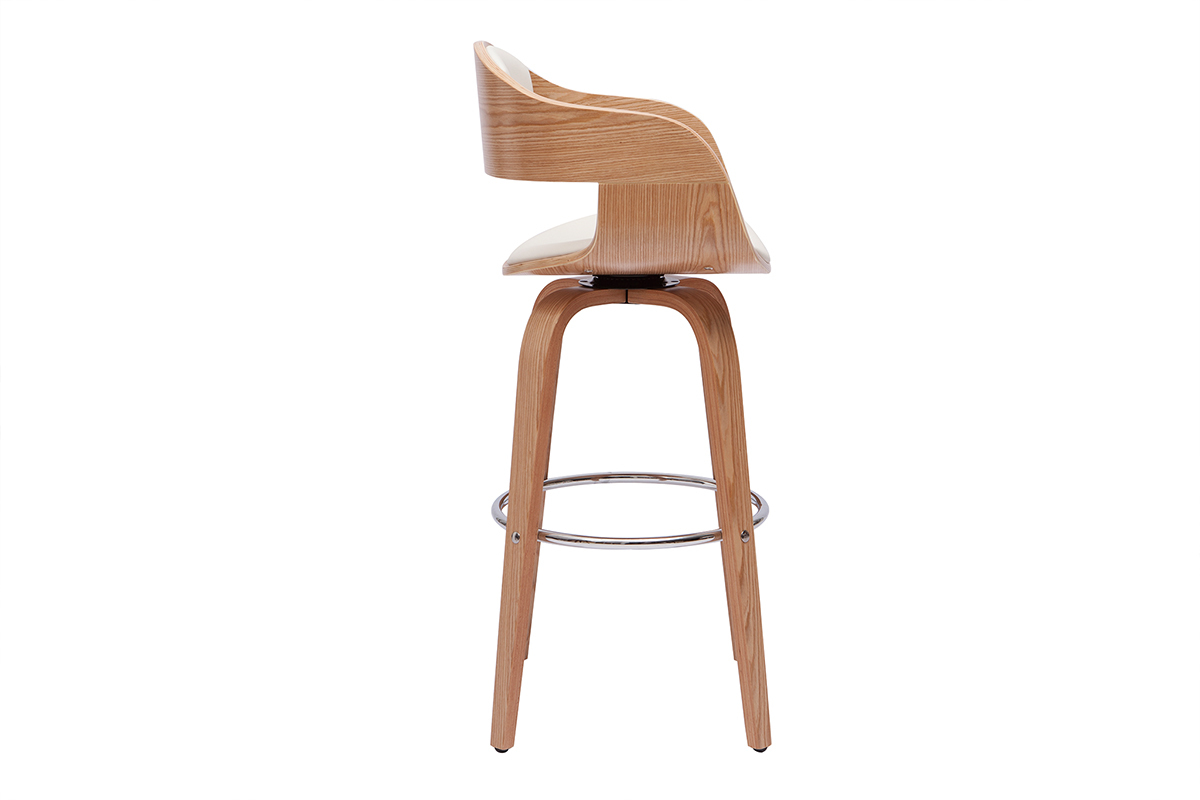 Taburete de bar escandinavo de madera clara, vista lateral.