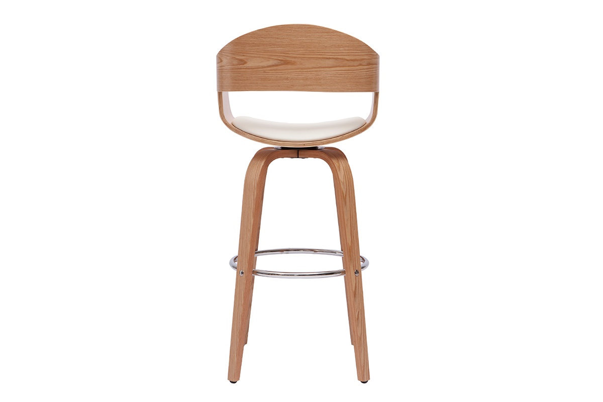Taburete de bar escandinavo de madera clara, vista trasera, asiento blanco y reposapi�s cromado.