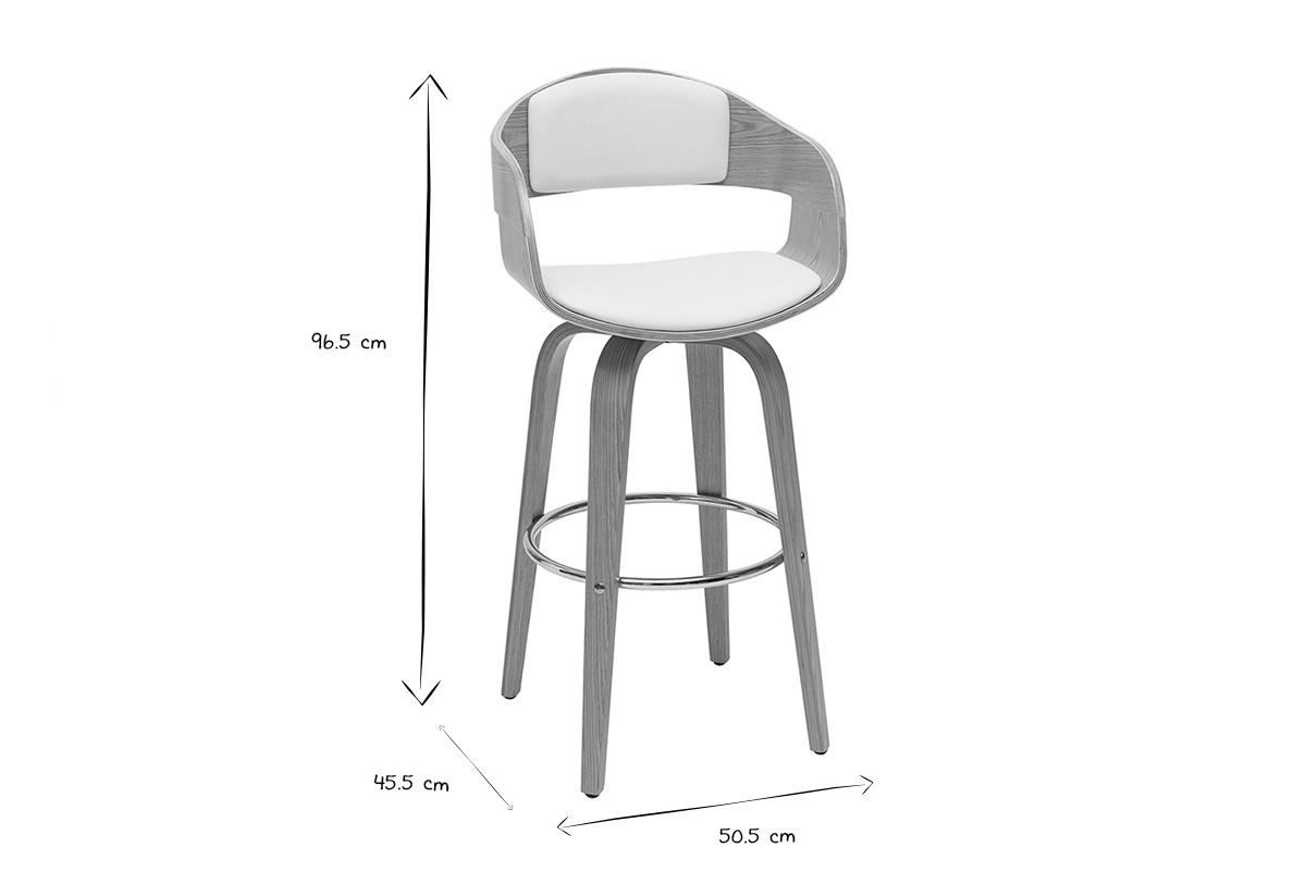 Taburete de bar escandinavo negro y blanco con dimensiones: 96.5 cm altura, 50.5 cm ancho, 45.5 cm profundidad.